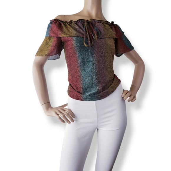 Gold, Red & Green Metallic Striped Off Shoulder Ruffle Blouse by Route 3 - Picture 8 of 8
